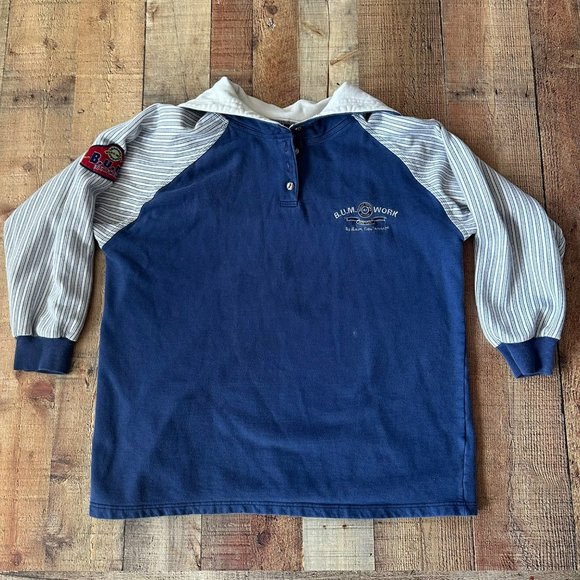Vintage B.U.M. Equipment Blue Polo Shirt Striped Sleeves Embroidered Logo -L - Picture 1 of 9